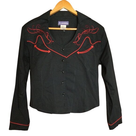 Alamosa Womens Western Blouse Button Front Top Red Embroidery & Piping - Picture 1 of 6